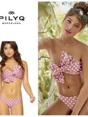 Pilyq Pink Polka Dot Bow Bandeau Bikini Top